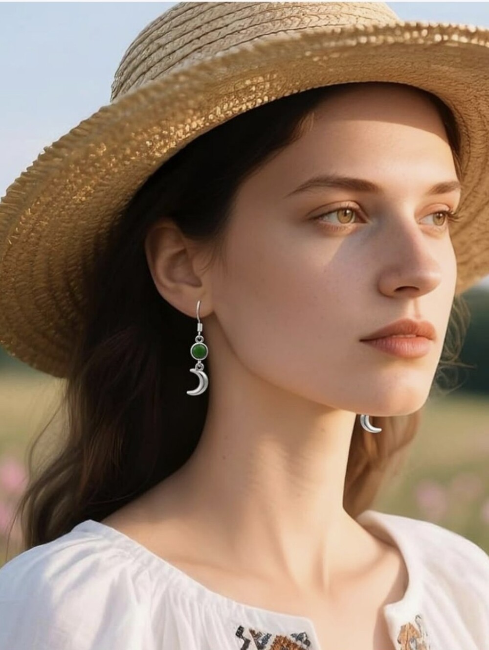 Crescent Moon And Green Stone Earrings - Picture 6 of 7